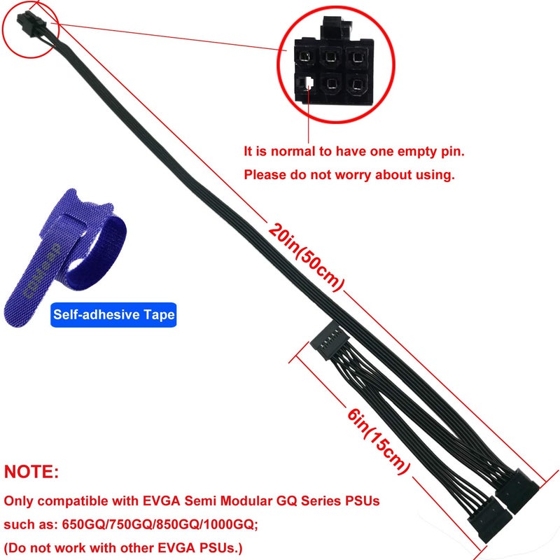 COMeap SATA Power Cable for EVGA GQ Series Semi Modular PSUs, 6 Pin to 3X 15 Pin SATA Hard Drive Adapter Splitter 20-in(50cm) - Image 2